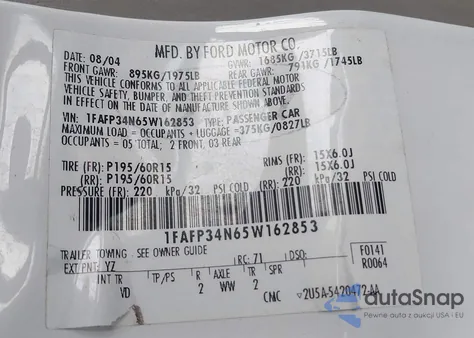 2005 Ford Focus Zx4 from USA, damaged, VIN 1FAFP34N65W162853